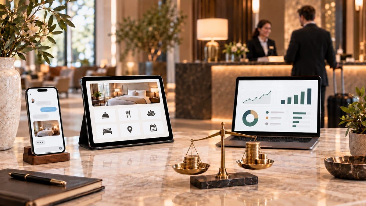Hotel manager comparing the costs of digital guest guide solutions