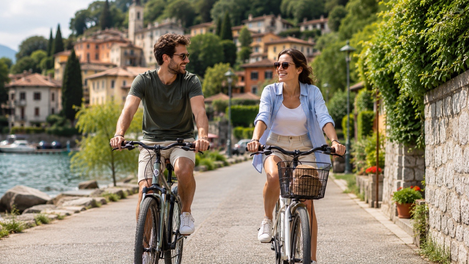 Guests on bikes using an AI chatbot outside the hotel