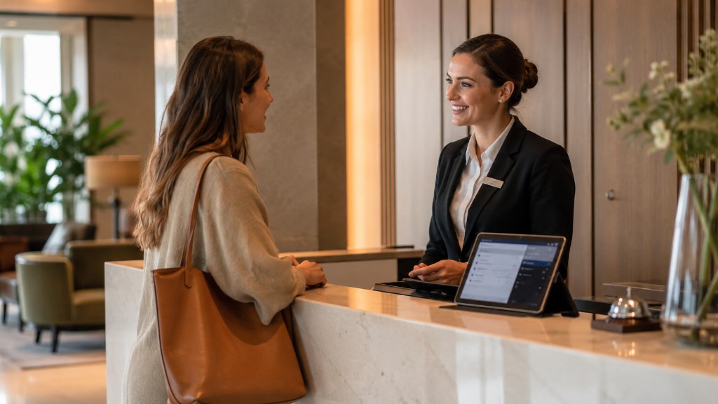 Receptionist helping a guest at the hotel front desk