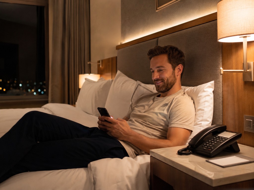 Guest in a hotel room looking up information on their phone