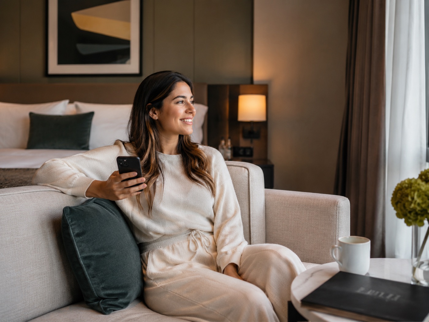 Woman on a couch using a digital guide on her phone